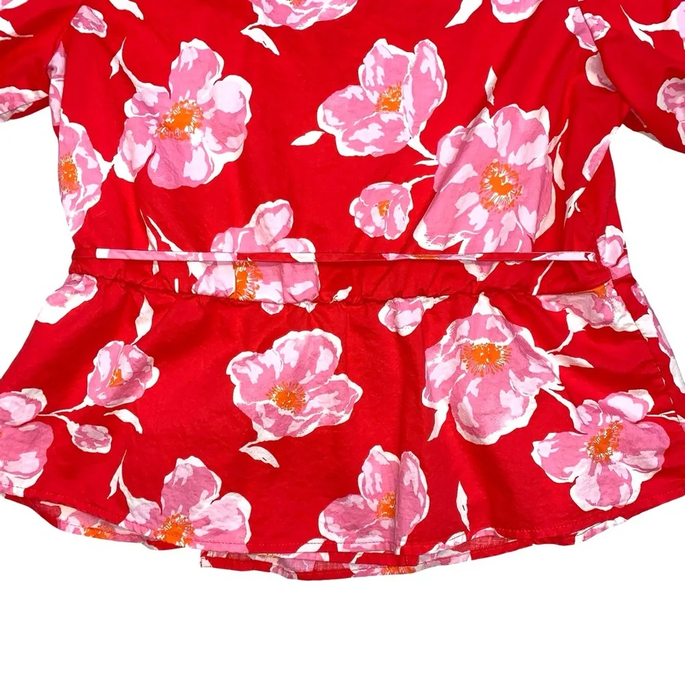 Old Navy Floral Wrap Blouse Puff Sleeves Large Red Cotton Lightweight V Neck